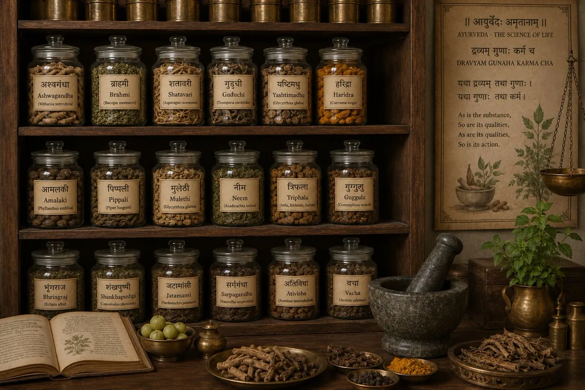 Classical Ayurvedic herbal medicines and apothecary jars