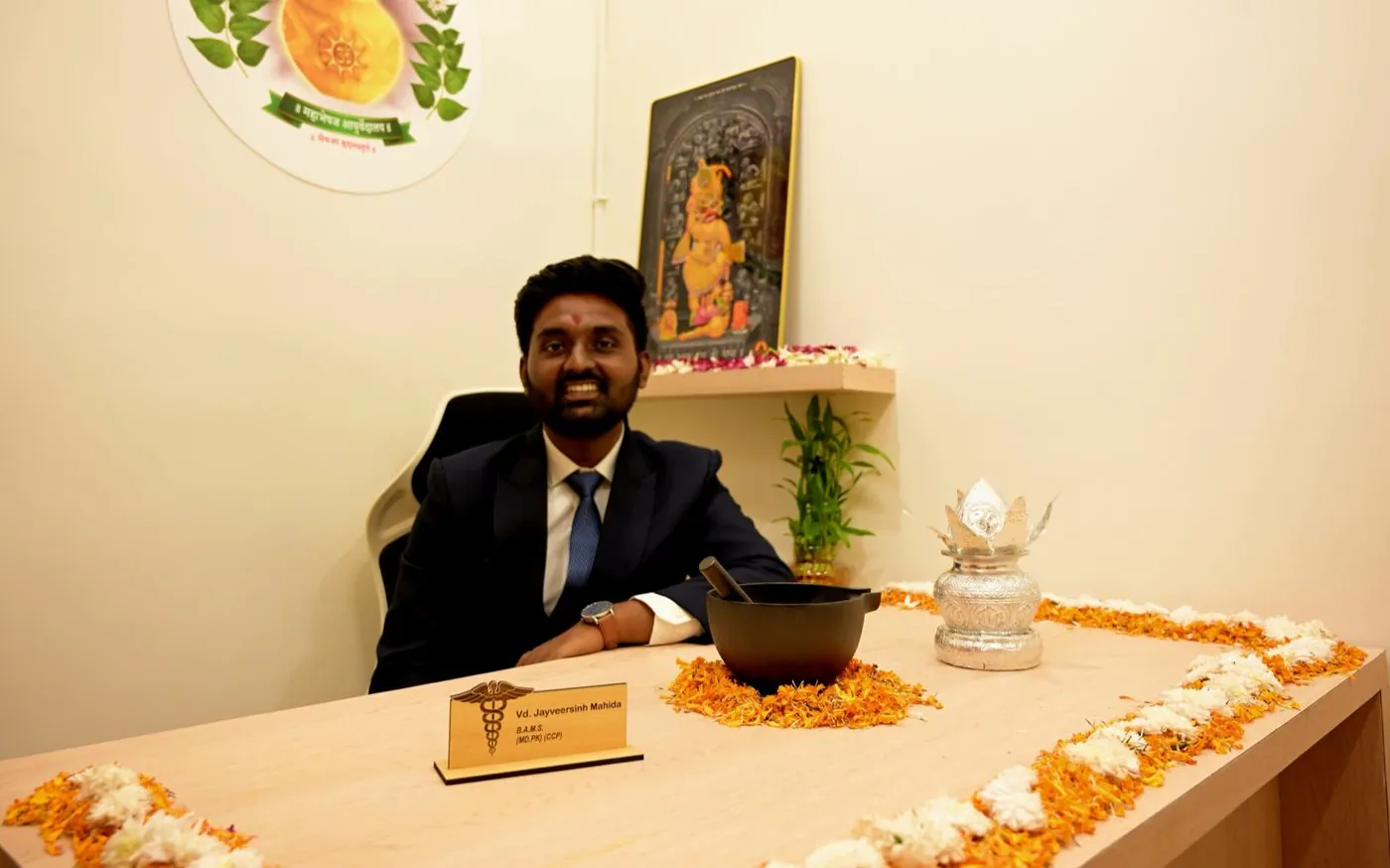 Dr. Jayveersinh J. Mahida at his Bharadwaj Ayurveda clinic in Surat