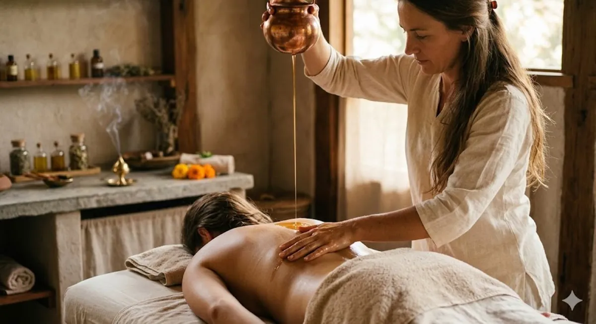 Traditional Abhyanga and medicated oil therapy setup