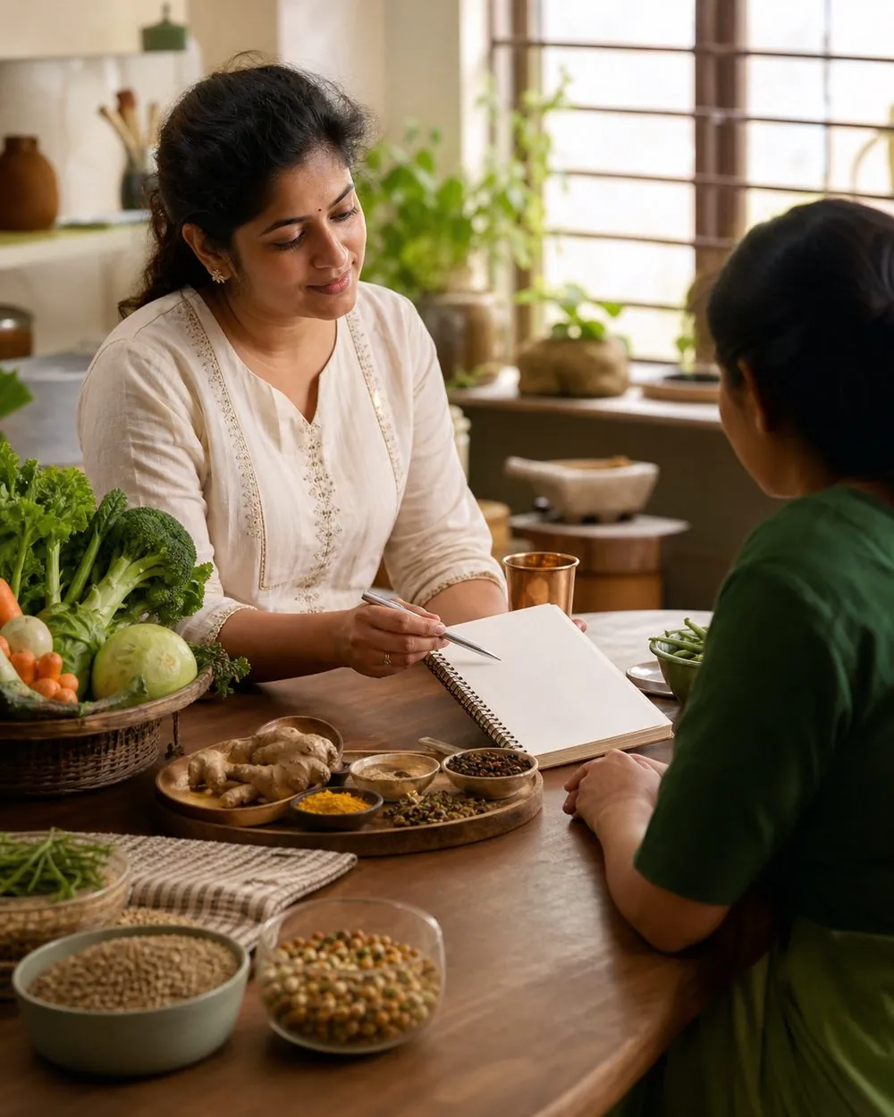 Ayurvedic lifestyle and nutrition consultation with fresh foods and herbs
