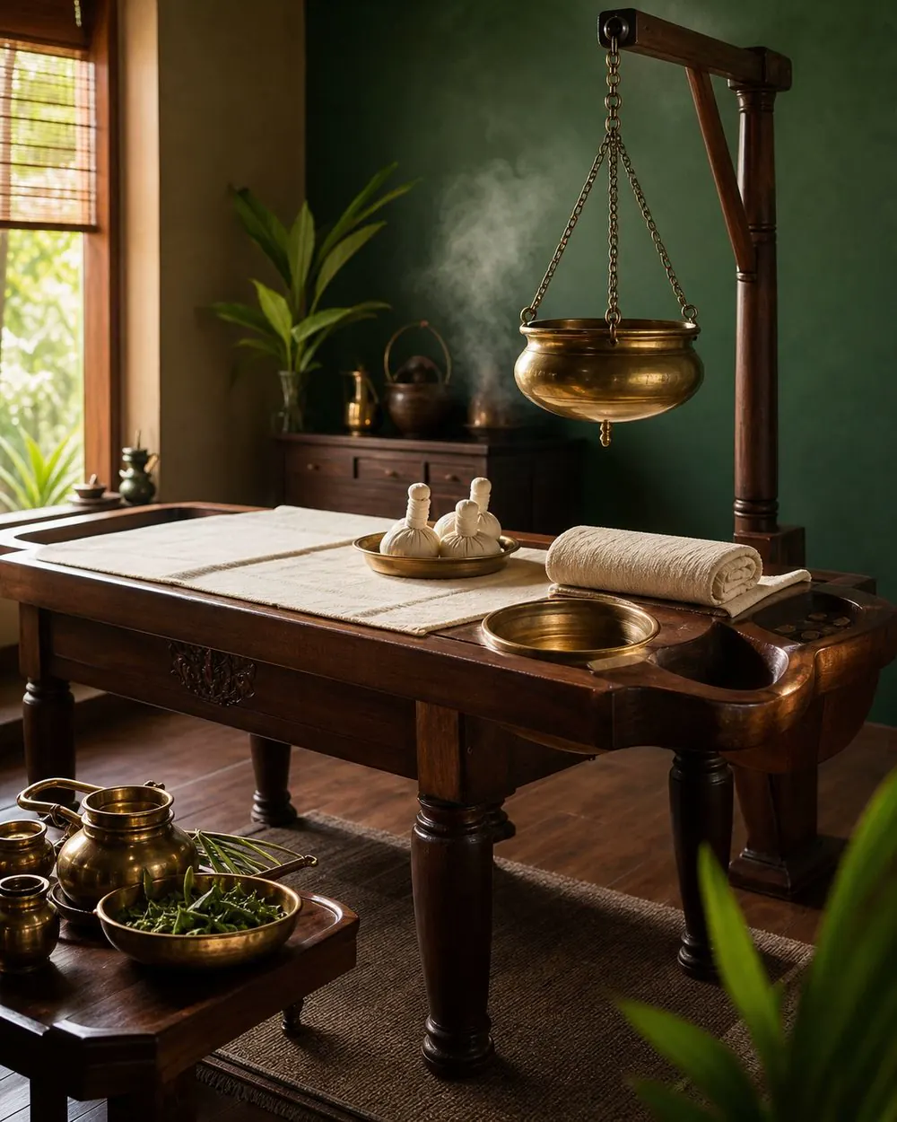 Panchakarma therapy room with classical Ayurvedic equipment