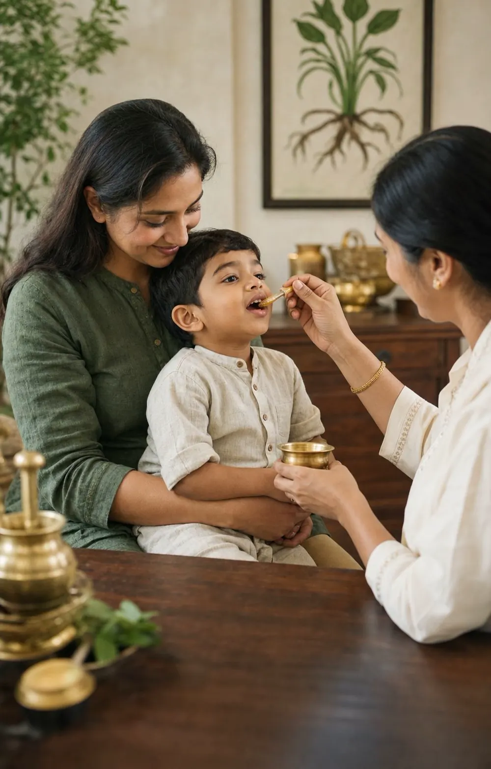Child receiving Suvarnaprashan drops with parent present